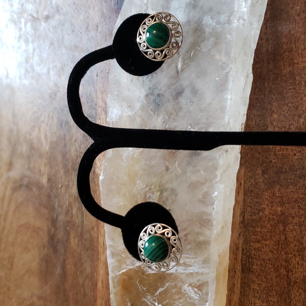 Vintage Sterling Silver Filigree Malachite Post Earrings